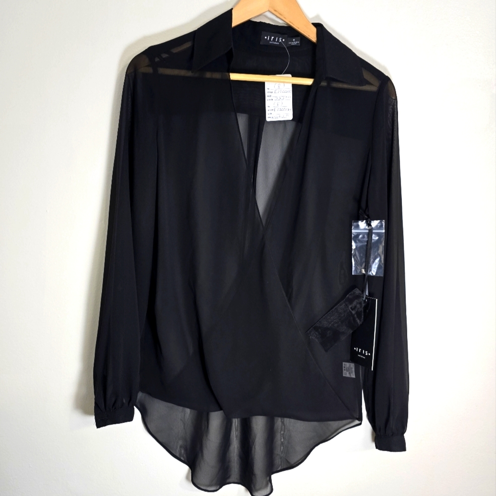 Irish setlakwe chiffon navy long sleeve black blouse